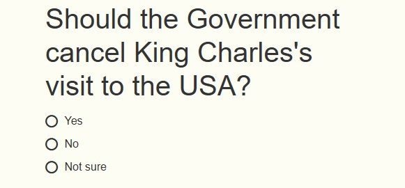 영국 신문 데일리익스프레스가 자사 홈페이지에 신설한 설문조사 코너. 독자들에게 ‘영국 정부가 찰스 3세 국왕의 미국 방문을 취소해야 할까요’라는 질문을 던지고 있다. 데일리익스프레스 홈페이지 캡처