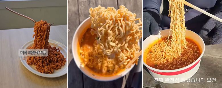 유튜브 '숏츠'에 올라온 라면 얼리기 챌린지. 유튜브 캡처