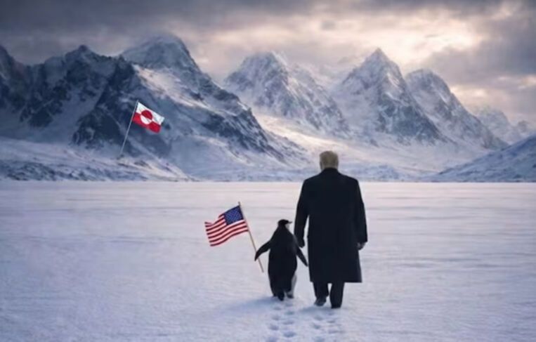 백악관이 23일 SNS에 올린 AI 합성 사진. 트럼프가 성조기를 든 펭귄과 함께 북극 그린란드의 설원 위를 걷고 있다. SNS 캡처
