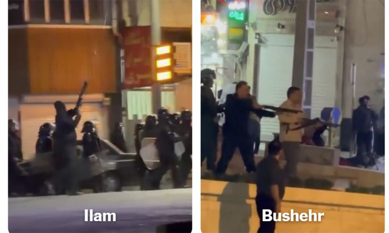 이란 반정부 시위 당시 이람(왼쪽)과 부셰르에서 무장한 이란 보안군이 시위대를 공격하는 영상들. 뉴욕타임스 사이트 캡처
