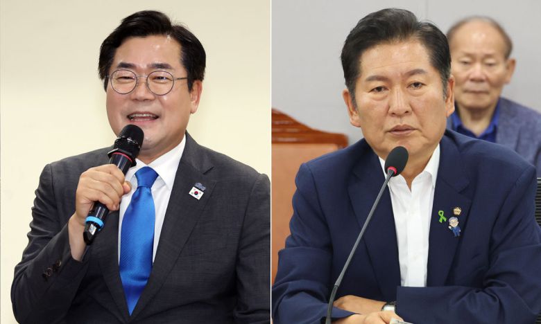 더불어민주당 당 대표 출마를 선언한 박찬대 후보(왼쪽)와 정청래 후보. 뉴시스