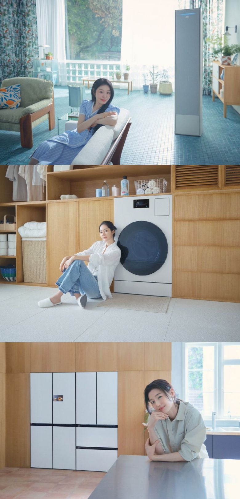 삼성전자의 ‘AI 가전 트로이카’ 캠페인에 참여한 전 피겨스케이트 선수 김연아와 배우 한가인, 전지현(위부터) 삼성전자 제공