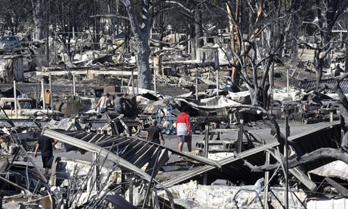 지난 9일(현지시간) 대형 산불이 휩쓸고 지나간 미국 오리건주 피닉스의 한 이동식 주택단지에서 주민이 불탄 잔해들 사이를 걸어가고 있다. 피닉스=AP연합뉴스