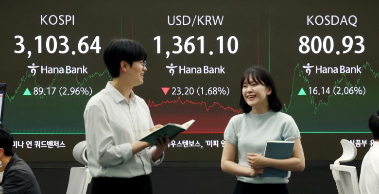 코스피 3년 9개월 만에 장중 3,100선 회복한 24일 서울 중구 하나은행 딜링룸에서 딜러들이 업무를 보고 있다. 코스피는 전 거래일(3014.47)보다 89.17포인트(2.96%) 오른 3103.64에, 코스닥 지수는 전 거래일(784.79)보다 16.14포인트(2.06%) 상승한 800.93에 거래를 종료했다. 뉴시스