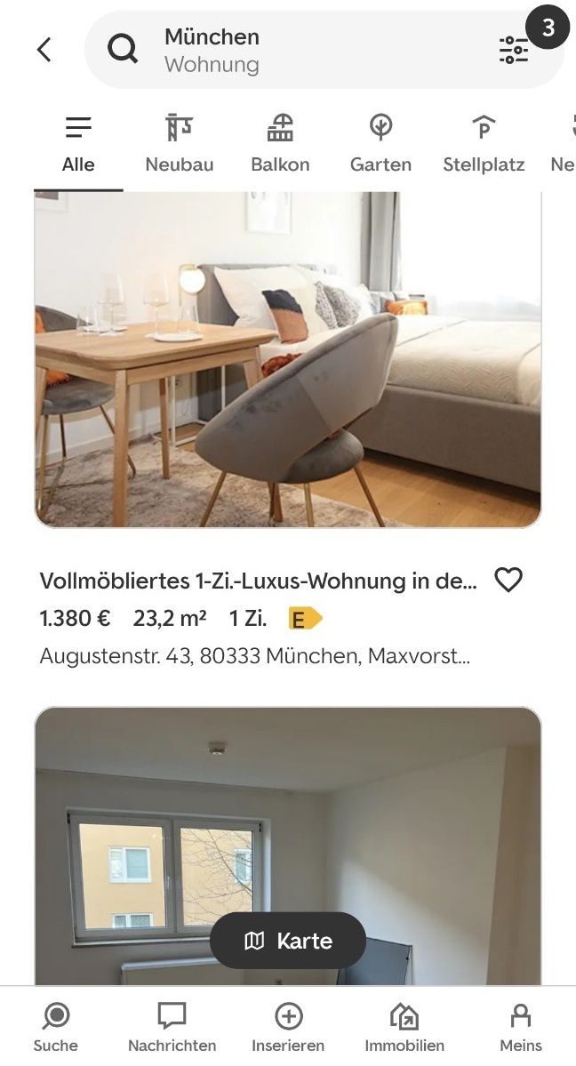 WBS로 입주 가능한 뮌헨의 저소득자 공공주택을 소개하는 독일 부동산 앱 화면 갈무리.