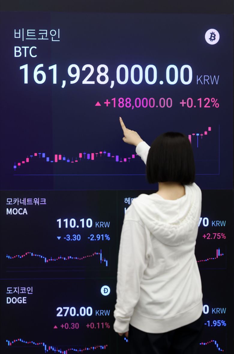 가상화폐 비트코인 가격이 최고가를 경신하며 12만 달러에 육박했다. 13일 미국 동부시간 기준 오전 11시 22분 기준 미국 가상화폐 거래소 코인베이스에서 비트코인은 24시간 전보다 1.37% 오른 11만9049달러에 거래됐다. 14일 오전 9시 30분 기준 가상화폐 거래소 업비트에서 비트코인은 1억6200만원대에 거래되고 있다. 이날 서울 강남구 업비트 고객센터 내 전광판에서 비트코인 시황이 표시되고 있다. 뉴시스