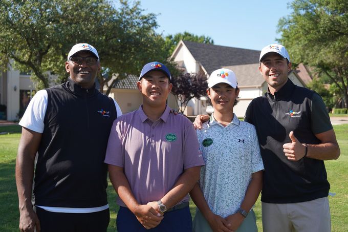 더 CJ컵 바이런 넬슨에서 만난 메타 월드 피스, 안병훈, 크리스 김, 사샤 부야치치(왼쪽부터)가 기념촬영을 하고 있다. 사진=CJ그룹 제공