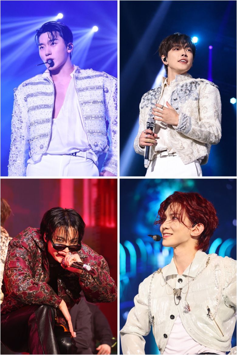 그룹 에이티즈가 23일 서울 올림픽공원 KSPO DOME에서 2025 에이티즈 월드 투어 ''투워즈 더 라이트 : 윌 투 파워' 피날레 인 서울('TOWARDS THE LIGHT : WILL TO POWER' FINALE IN SEOUL)'의 피날레를 장식했다. 멤버 산, 홍중, 여상, 성화(시계방향으로). KQ엔터테인먼트 제공.