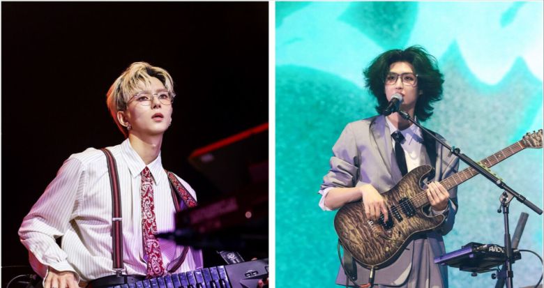 밴드 엑스디너리 히어로즈가 5일 서울 송파구 올림픽공원 올림픽홀에서 새 월드투어 '뷰티풀 마인드'의 첫 도시인 서울 공연을 열었다. 멤버 오드(왼쪽), 준한. JYP엔터테인먼트 제공.