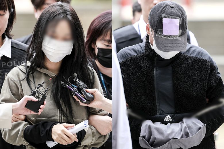 잉글랜드 프리미어리그 토트넘 주장 손흥민을 상대로 허위 임신을 주장하며 금품을 요구한 혐의를 받는 20대 여성 양 모 씨와 40대 남성 용 모 씨가 지난 17일 서울 서초구 서울중앙지방법원에서 열린 영장실질심사에 출석하고 있다. 사진=뉴시스