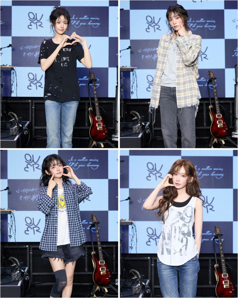 밴드 QWER이 9일 서울 서대문구 예스24 원더로크홀에서 열린 미니 3집 '난 네 편이야, 온 세상이 불협일지라도' 발매 기념 쇼케이스에서 포즈를 취하고 있다. 왼쪽부터 시계방향으로 히나, 시연, 쵸단, 마젠타. 타마고 프로덕션 제공.