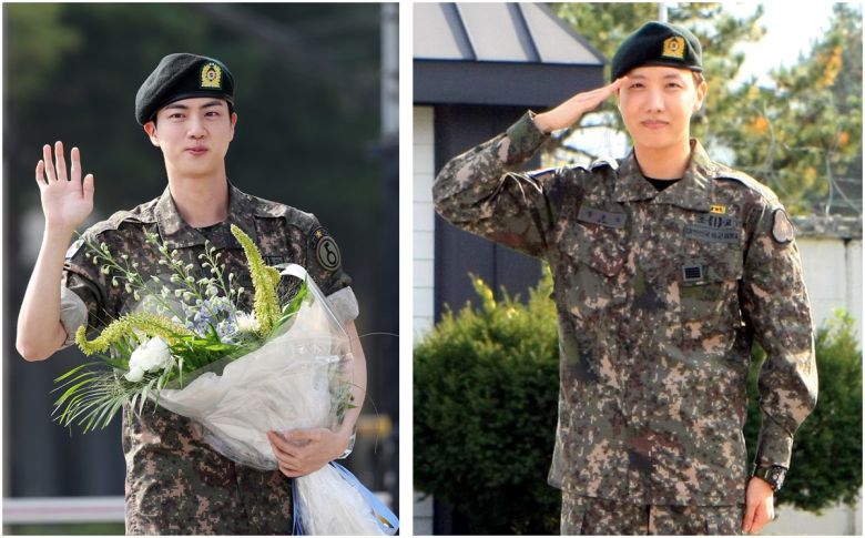 지난해 전역한 그룹 방탄소년단 멤버 진(왼쪽)과 제이홉. 뉴시스 제공.