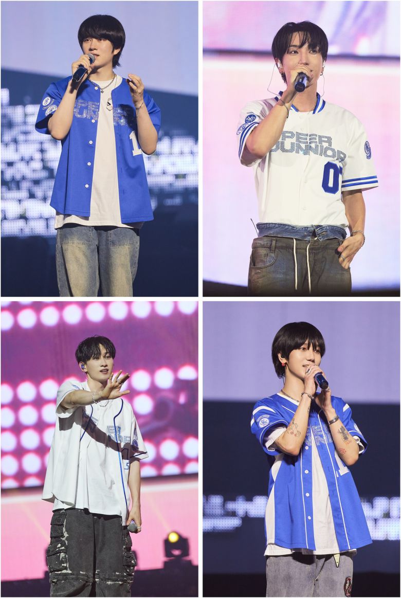 그룹 슈퍼주니어가 24일 서울 송파구 KSPO DOME에서 월드투어 '슈퍼쇼10' 서울의 마지막날 공연을 열었다. 무대에 오른 멤버 희철, 이특, 예성, 은혁(왼쪽부터 시계방향). SM엔터테인먼트 제공