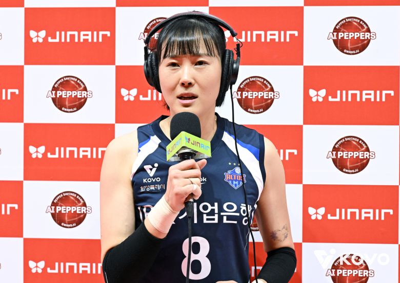 IBK기업은행 임명옥이 30일 페퍼저축은행과의 원정경기에서 승리한 이후 인터뷰를 하고 있다. 사진= KOVO 제공