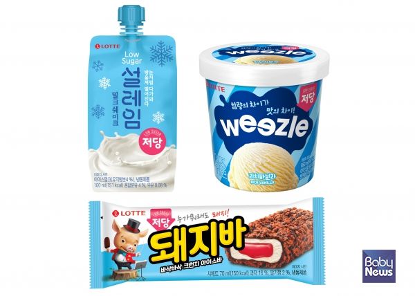 ‘돼지바 저당’, ‘설레임 밀크쉐이크 저당’, ‘위즐 리치바닐라 저당’ 신제품 3종 제품 패키지 모음. ⓒ롯데웰푸드