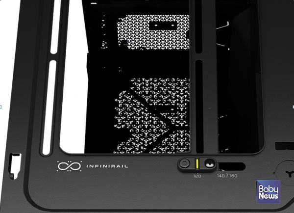 고성능 냉각을 위한 정밀한 팬 배치와 뛰어난 유연성을 제공하는 커세어 인피니레일(InfiniRatil™) 팬 마운팅 시스템. ⓒ커세어