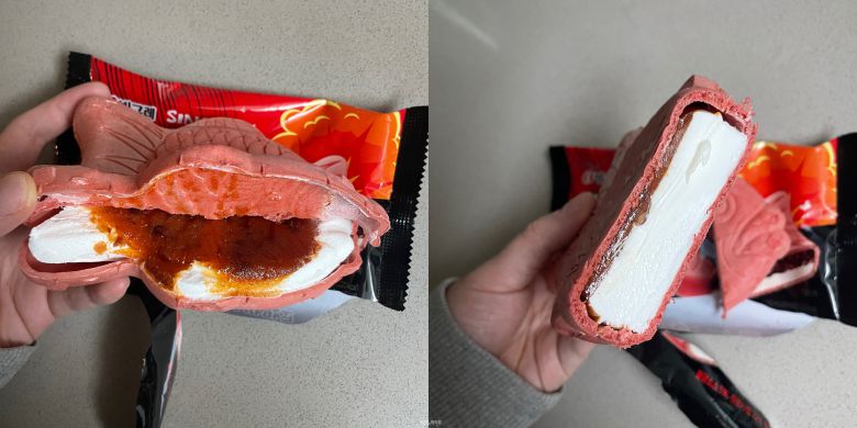 아이스크림 한쪽 면을 열어보면 불닭소스가 올라가 있다(왼), '멘붕어싸만코'를 잘라 본 단면 모습(오). 사진=이코노믹리뷰 박자연기자