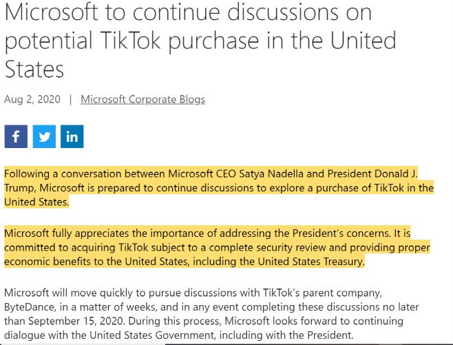 마이크로소프트(MS)는 2일(현지시간) 중국 기술기업 바이트댄스와 동영상 공유 애플리케이션 틱톡(TikTok)의 미국·캐나다·호주·뉴질랜드 내 운영권 인수 협상을 진행하고 있다고 밝혔다./사진=MS 홈페이지 캡처