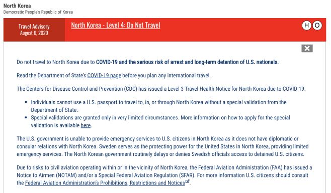 도널드 트럼프 미국 행정부는 1일(현지시간) 미국인의 북한 여행금지 조치를 1년 더 연장했다. 사진은 북한 여행금지 내용을 설명하고 있는 미 국무부 여행경보 안내 사이트./사진=미 국무부 홈페이지 캡처