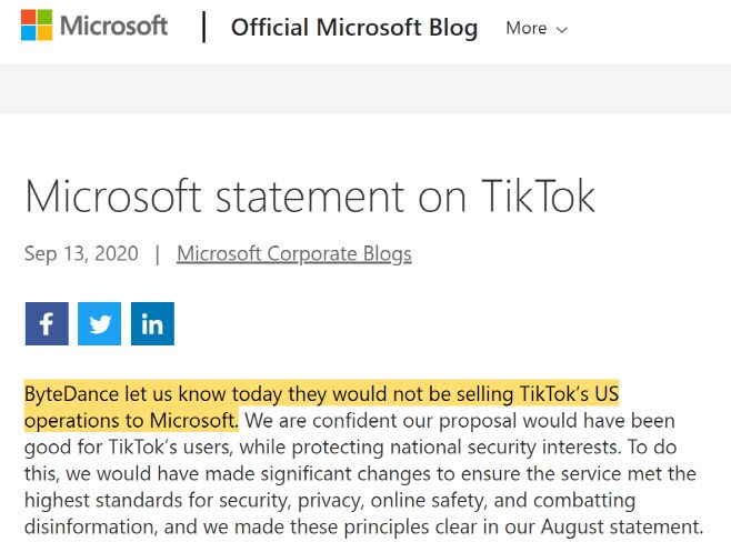 틱톡의 모회사 바이트댄스가 틱톡의 미국 운영권을 마이크로소프트(MS)에 매각하지 않을 것이라고 통보했다고 MS가 13일(현지시간) 밝혔다./사진=MS 블로그 캡처
