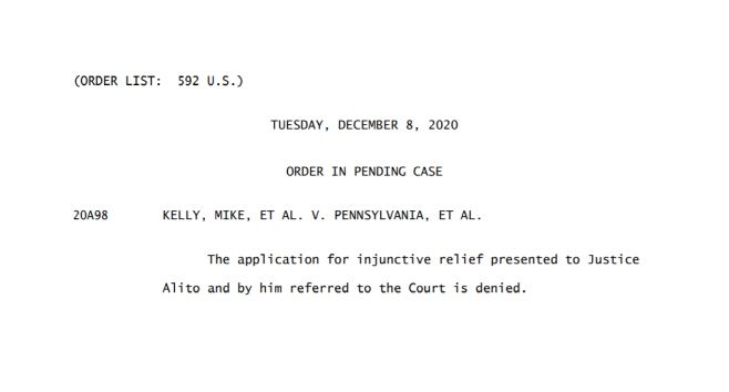 미국 연방대법원은 8일(현지시간) 펜실베이니아주 공화당 의원들이 주정부의 11·3 대선 결과 승인을 차단해 달라는 요청을 거부했다. 대법원 결정은 ‘한 줄(one-line)’ 판결로 판결에 반대한 대법관이 없었음을 나타낸다고 미 언론들은 해석했다./사진=미 연방대법원 판결문 캡처