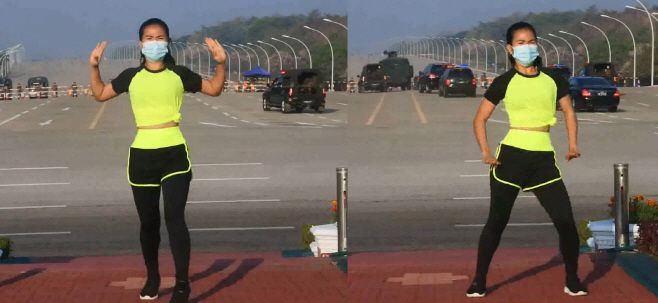 SNS에서 화제가 되고 있는 영상. 3분 길이 에어로빅 영상에서는 미얀마 의회 앞에서 에어로빅을 선보이고 있는 여성 강사의 뒤로 의회로 향하는 장갑차들의 모습, 즉 쿠데타 모습이 포착됐다./사진=킹 닌 와이 페이스북 캡쳐 갈무리