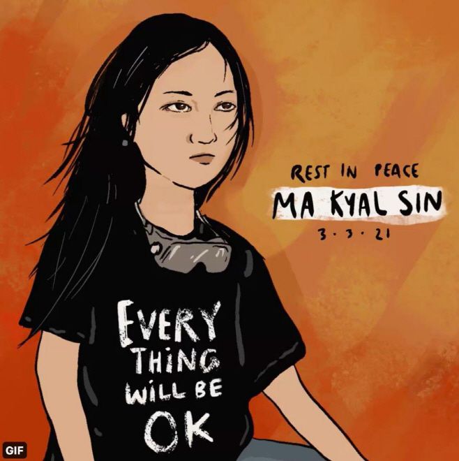 19세 소녀의 안타까운 죽음이 알려지며 쿠데타에 저항하는 미얀마 시민들과 네티즌들이 추모를 이어가고 있다.‘다 잘 될거야(Everthing will be ok)’라고 적힌 티셔츠를 입고 있는 에인절의 모습과 명복을 비는 문구가 담긴 그림이 SNS를 통해 확산하고 있다./사진=SNS캡쳐 갈무리