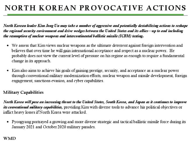 미국 국가정보국장실(ODNI)이 13일(현지시간) 공개한 ‘미국 정보당국의 연례위협평가’ 보고서 중 ‘북한의 도발적 행동’ 부문의 일부./사진= 미국 정보당국의 연례위협평가 보고서 캡처