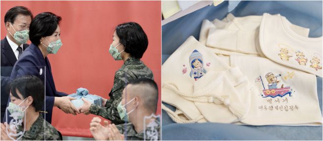 김정숙 여사가 국군의 날인 1일 오후 경북 포항 해병대1사단 부대에서 열린 장병 격려 오찬 참석자 중 셋째 자녀 임신 소식을 알린 한 해병 대위에게 태명을 수놓은 배냇저고리를 선물하고 있다. 오른쪽 사진은 김 여사가 선물한 배냇저고리./연합뉴스