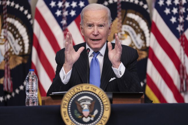 조 바이든 미국 대통령이 29일(현지시간) 백악관 아이젠하워 행정동의 대통령실(EOP) 도서관에서 열린 기업인과의 회동에서 연설을 하고 있다./사진=워싱턴 D.C. UPI=연합뉴스