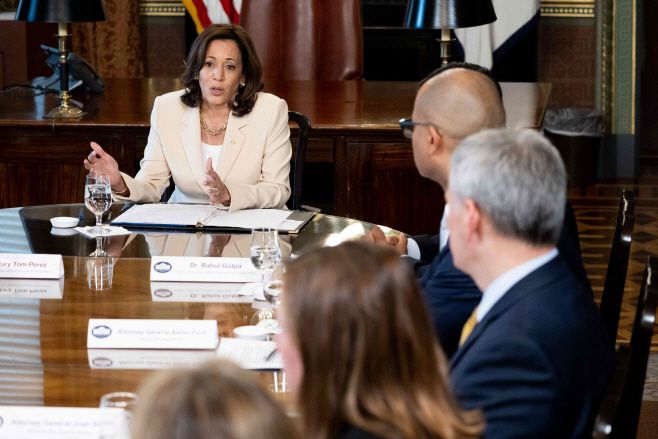 카멀라 해리스 미국 부통령이 18일(현지시간) 워싱턴 D.C. 백악관 옆 아이젠하워 행정동에서 주(州) 법무장관들과 펜타닐 공중 보건 위기 회의를 주재하고 있다./AFP·연합뉴스