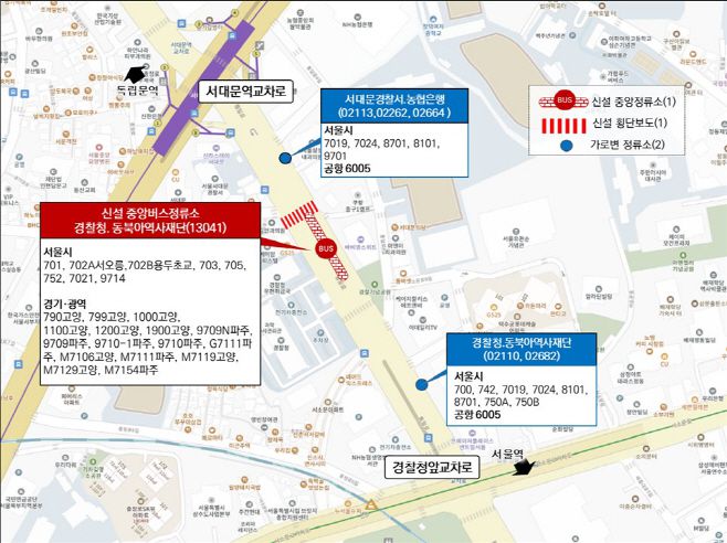 통일로  신설 중앙버스정류소·가로변 정류소 정차노선/서울시
