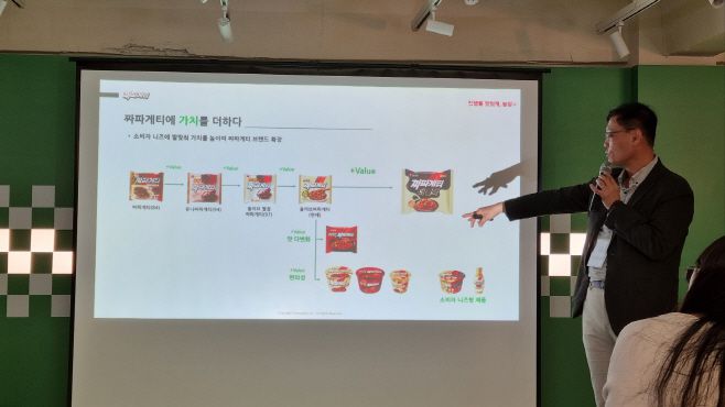심규철 농심 면마케팅실장이 12일 서울 성수동에서 문을 연 팝업스토어에서 짜파게티의 발전 과정을 설명하고 있다./제공=이수일 기자
