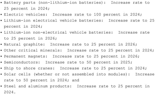 미국 백악관이 14일(현지시간) 전기차·전기차용 배터리·반도체·태양 전지·철강·알루미늄 등 중국산 수입품 180억달러(24조6510억원)에 대한 관세를 대폭 인상한다며 발표한 세부 내용./백악관 자료 캡처