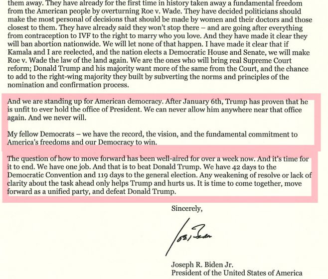 조 바이든 미국 대통령이 8일(현지시간) 민주당 의원들에게 보낸 서한 일부./바이든 대통령 서한 캡처