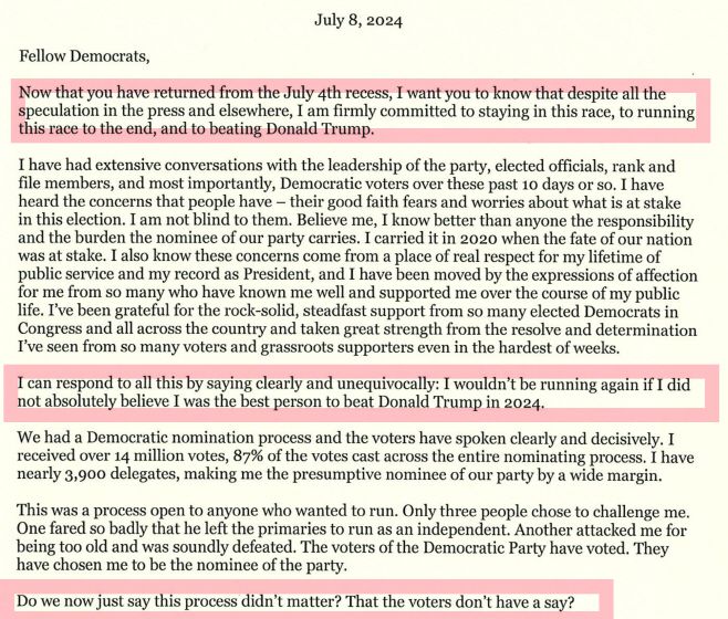 조 바이든 미국 대통령이 8일(현지시간) 민주당 의원들에게 보낸 서한 일부./바이든 대통령 서한 캡처