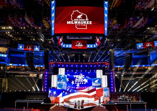 15~18일(현지시간) 미국 공화당 전당대회가 열리는 위스콘신주 밀워키의 파이서브포럼 내부 모습으로 14일 찍은 사진./UPI·연합뉴스