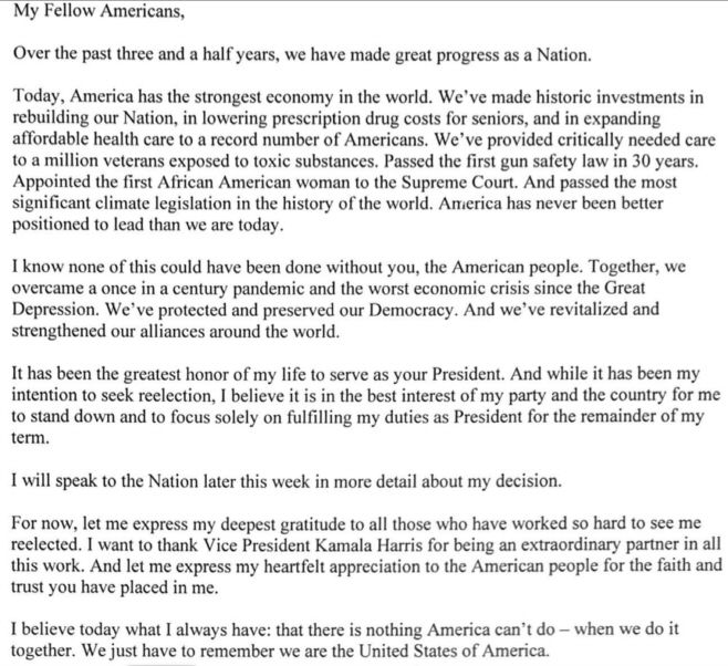 조 바이든 미국 대통령이 21일(현시시간) 엑스(X·옛 트위터)를 통해 발표한 민주당 대선후보 사퇴 성명서./바이든 대통령 엑스 캡처