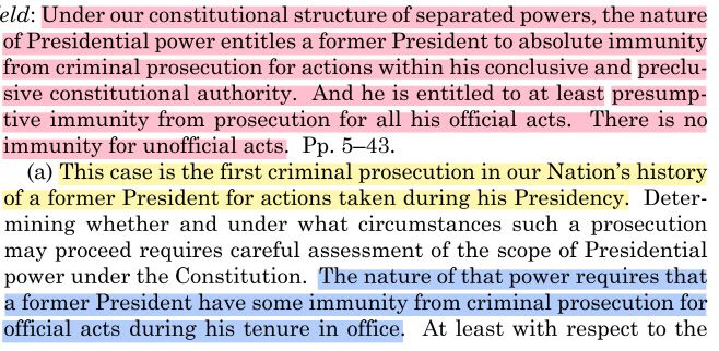 미국 연방대법원은 1일(현지시간) 전직 대통령의 재임 중 공적(official) 행동에 대해 최소한 추정적 면책 특권이 있다고 판결했다./미 연방대법원 판결문 캡처