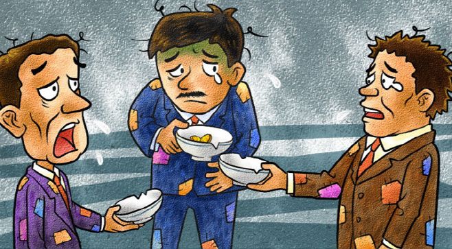 주머니가 텅텅 빈 중국 소비자들의 현실을 자조적으로 말해주는 한 매체의 만평. 중국 경제 당국이 기대하는 내수 진작을 불가능하게 만드는 결정적 요인이라고 할 수 있다./징지르바오(經濟日報)