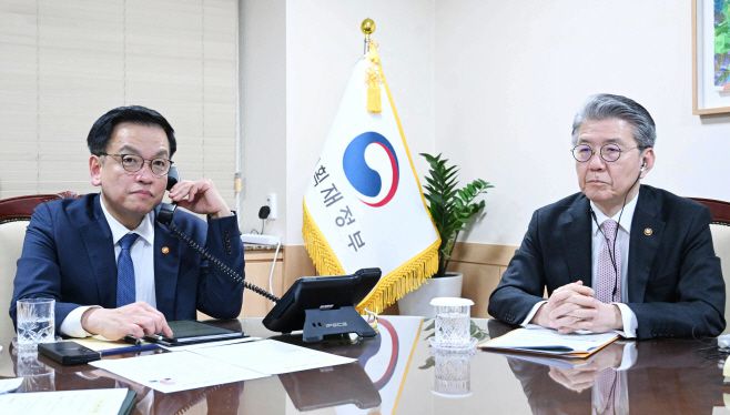 최상목 대통령 권한대행 부총리 겸 기획재정부 장관이 12일 정부서울청사에서 도날트 투스크 폴란드 총리와 전화 통화를 하고 있다. 최 권한대행 오른쪽은 김홍균 외교부 1차관./연합