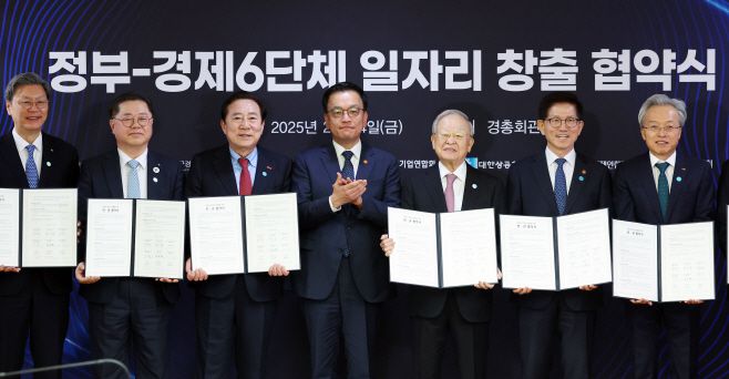 최상목 대통령 권한대행 부총리 겸 기획재정부 장관이 14일 서울 마포구 한국경영자총협회(경총)에서 열린 '정부-경제6단체 일자리 창출 협약식'에서 참석 경제단체 대표, 장·차관과 기념촬영을 하고 있다. 왼쪽부터 김창범 한국경제인협회 상근부회장, 박일준 대한상공회의소 상근부회장, 김기문 중소기업중앙회장, 최 권한대행, 손경식 경총 회장, 김문수 고용노동부 장관, 최진식 한국중견기업연합회장. /연합