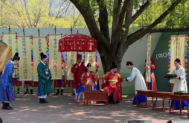 25일 용문산 관광단지 일원에서 양평 산나물을 임금님께 진상했다는 동국여지지 기록을 바탕으로 한 산나물 연극이 열리고 있다./장은기 기자