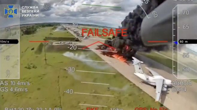 Ukraine launched "Operation Spiderweb" on Sunday, June 1, 2025, targeting Belaya Air Base in Russia's Irkutsk region in Siberia, approximately 3,000 miles from Ukraine, using drones to strike its enemy's strategic bombers. This image, taken from a video released by Ukraine, shows Tu-95 Bear and Tu-22 Backfire?bombers, as well as?A-50 Mainstay airborne early warning and control aircraft under attack. According to a senior NATO official, roughly 40 aircraft were damaged, with 10-13 destroyed. Screenshot via Ministry of Defense of Ukraine/UPI