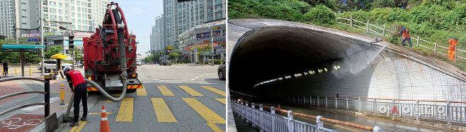 아산시의 도시환경 정비사업 '깨깔산멋' 시책의 일환으로 진행된 둔포이지더원1단지 빗물받이 보수작업 모습(왼쪽)과 신정호수 공원의 주요 관문인 남산터널을 청소하는 모습 /아산시