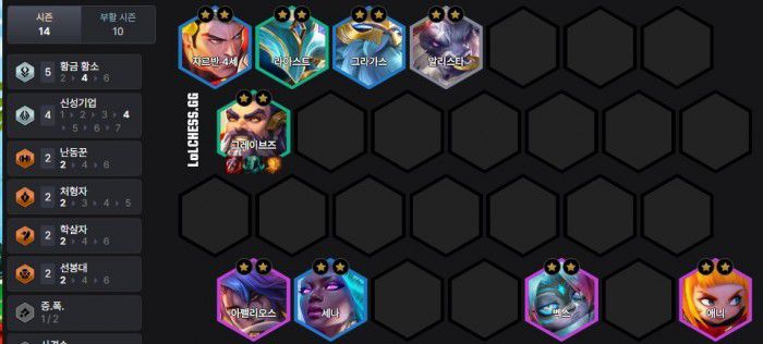 기본적인 8레벨 구성, 아펠리오스와 애니 중 잘 뜨는 기물 하나를 쓰면 된다. /롤체 지지