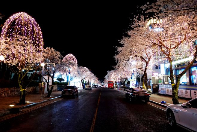부곡온천 빛거리 야경, 빛거리와 황토길은 사계절 즐길거리를 제공하며 휴식과 재충전의 공간으로 자리매김 하고 있다.  /창녕군