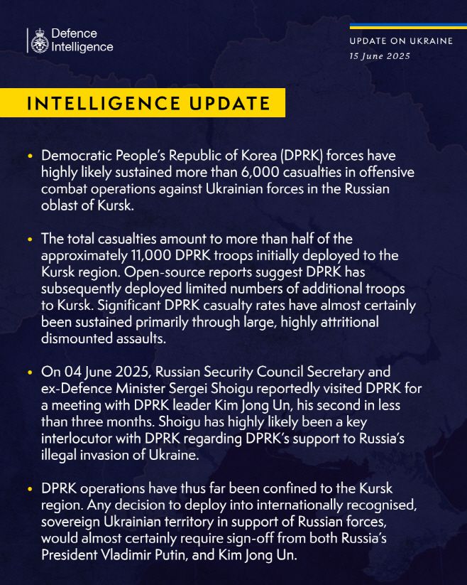 러시아 쿠르스크 지역 탈환 작전에 투입된 북한군 6000여명이 사망했거나 실종되고, 다쳤다고 영국 국방부가 15일(현지시간) 밝혔다./영국 국방부 엑스(X) 캡처