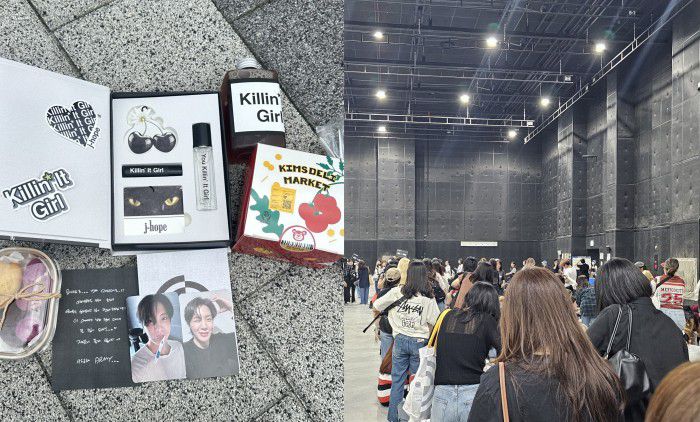 제이홉이 팬들에게 준 선물과 손편지(왼쪽). 별도로 마련된 스튜디오에서 사전녹화를 기다리고 있는 팬들의 모습./SNS 캡처