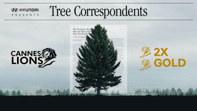 국제 광고제 '칸 라이언즈 2025'의 디지털 크래프트(Digital Craft) 카테고리 내 2개 부분에서 금사자상(Gold Lions, 금상), 1개 부문에서 은사자상(Silver Lions, 은상)을 수상한 CSR 홍보 캠페인 '나무 특파원(Tree Correspondents)'의 대표사진./현대차그룹